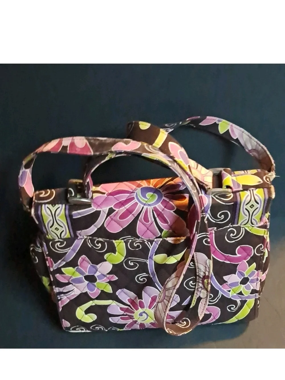 Vera Bradley Floral Brown Quilt Purple Green Shoulder Bag Turn Lock Zip, Pockets